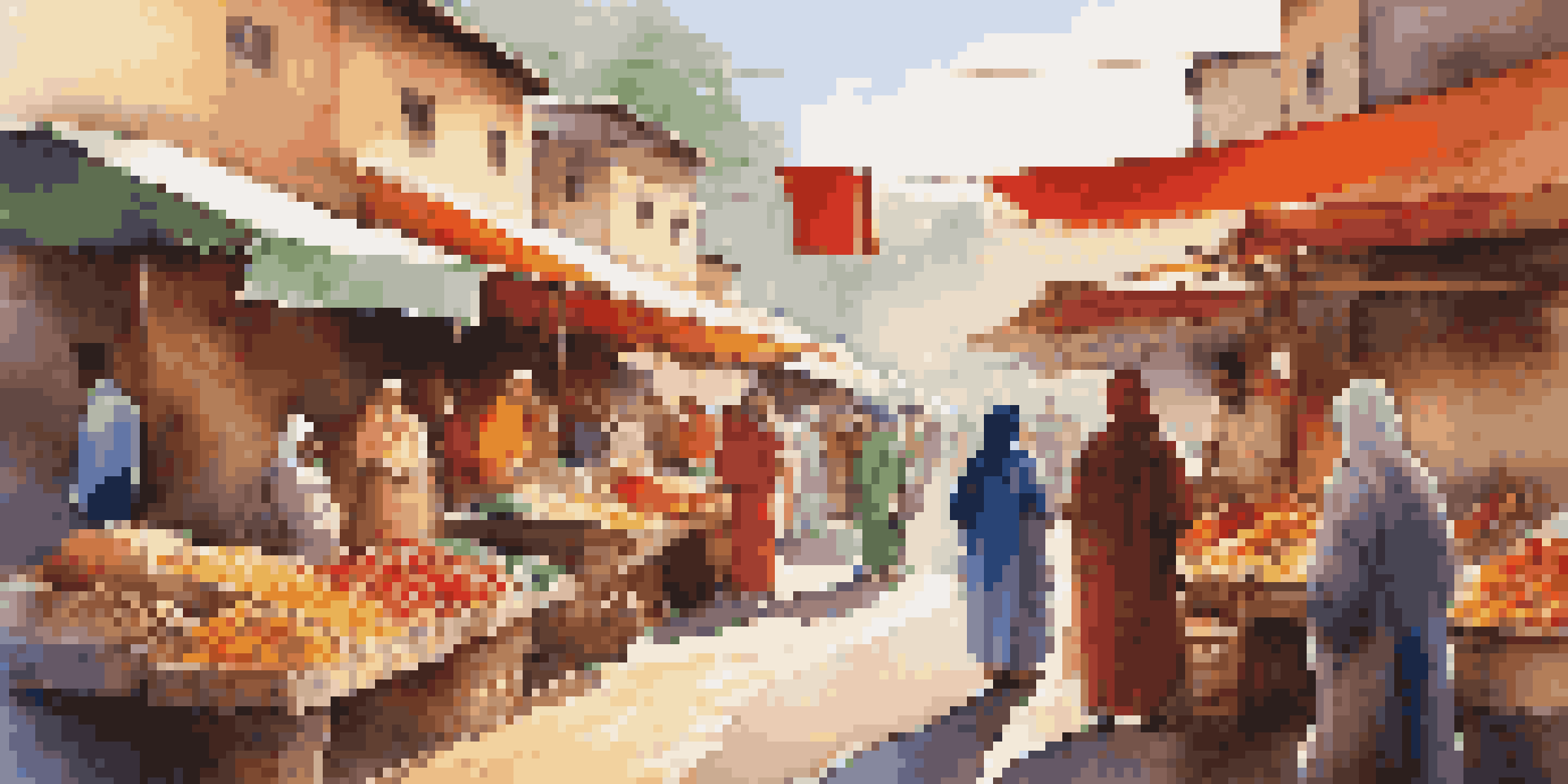 A bustling market filled with colorful stalls featuring traditional clothing, crafts, and food, with people interacting in a warm, sunlit environment.