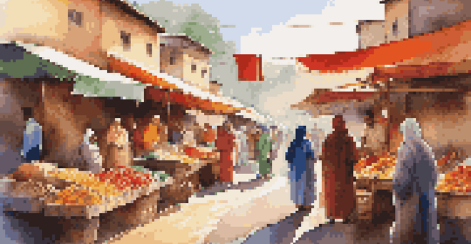 A bustling market filled with colorful stalls featuring traditional clothing, crafts, and food, with people interacting in a warm, sunlit environment.