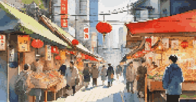 A traveler using a smartphone translation app in a busy Tokyo street, surrounded by colorful signs and local vendors.