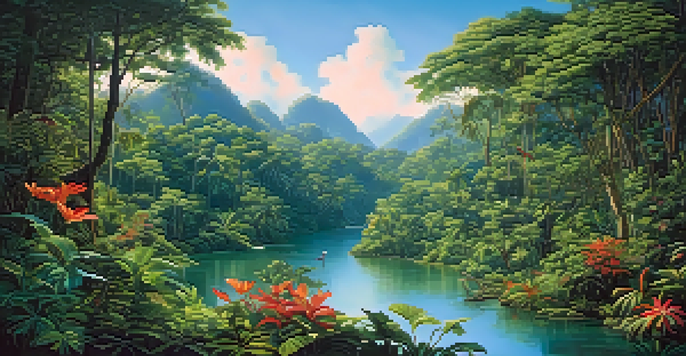 A vibrant rainforest scene with a river, tropical flowers, and colorful birds, illuminated by sunlight filtering through the trees.