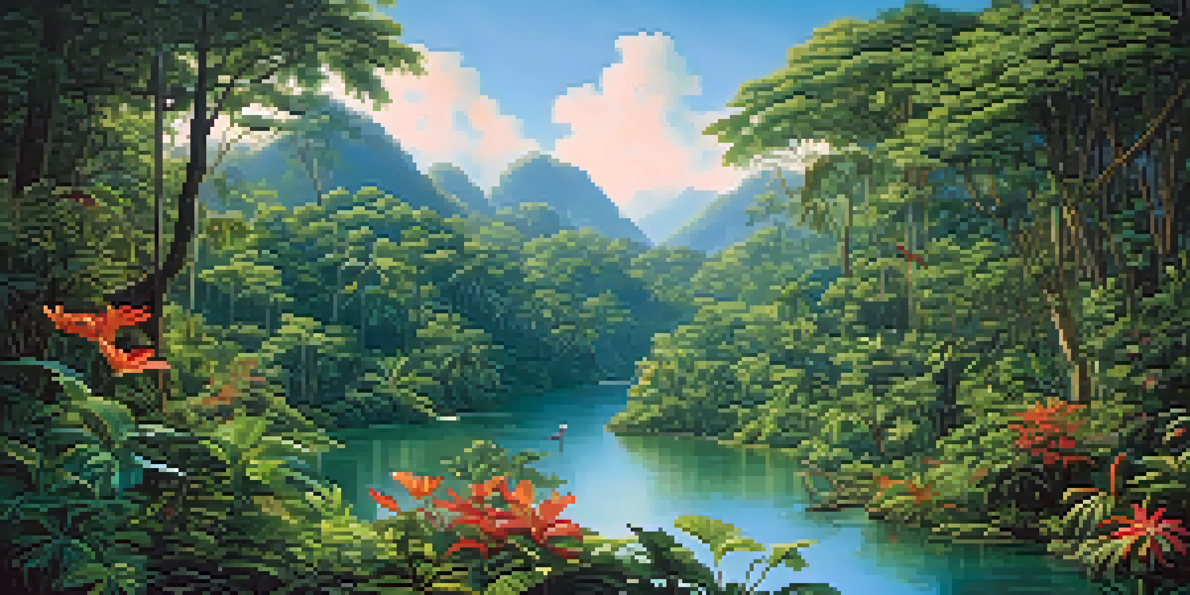 A vibrant rainforest scene with a river, tropical flowers, and colorful birds, illuminated by sunlight filtering through the trees.