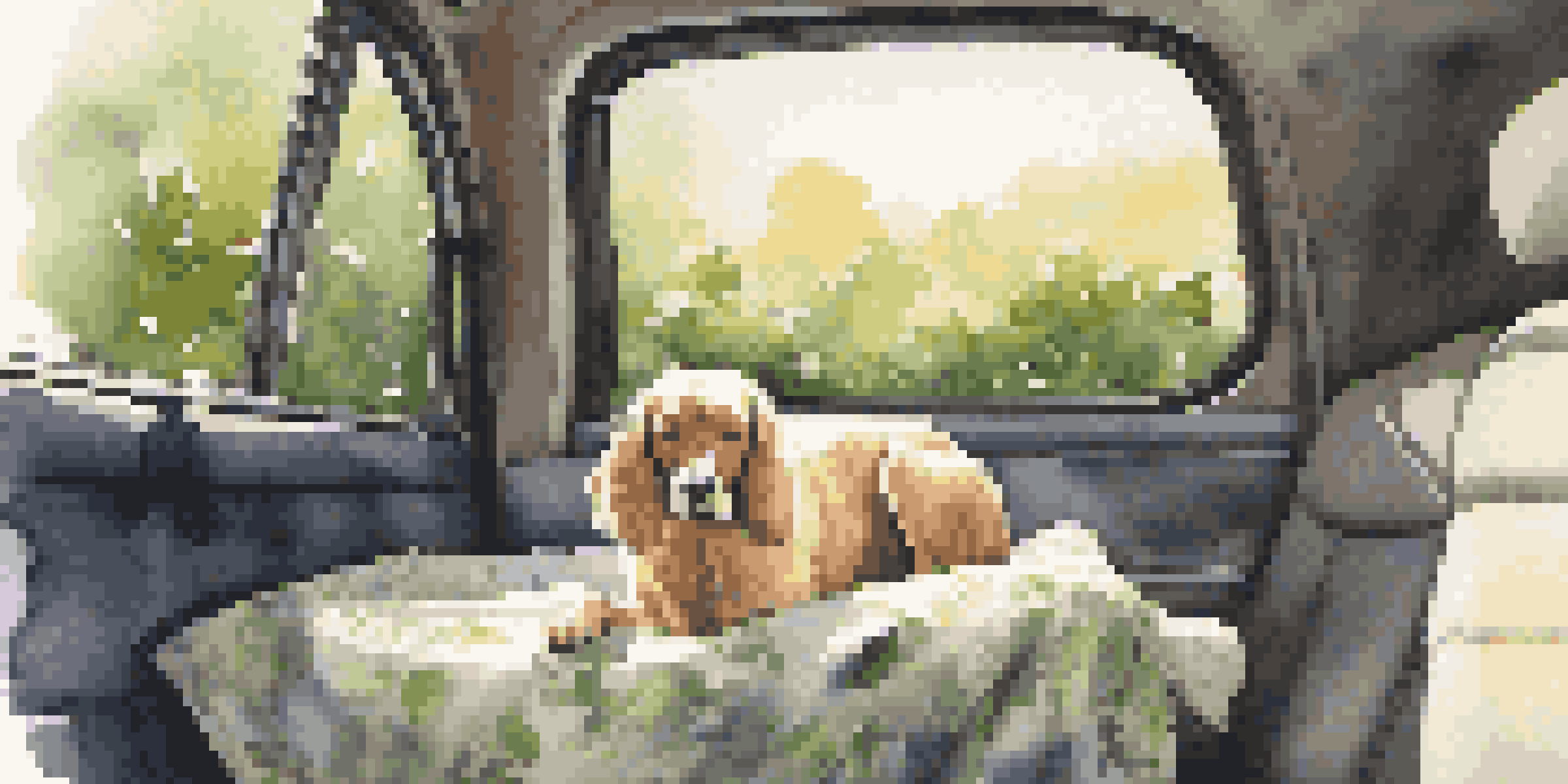 A dog in a car with a cozy pet bed and blanket, looking out the window at greenery outside.