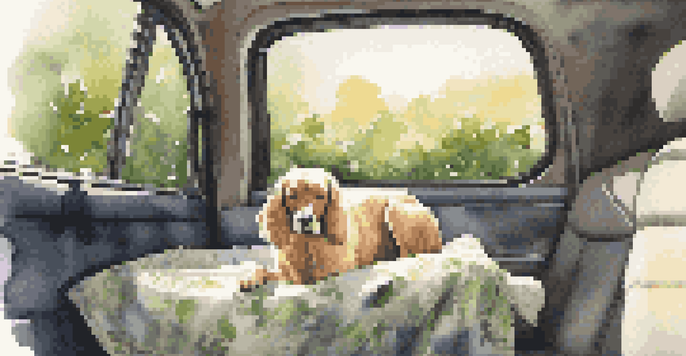 A dog in a car with a cozy pet bed and blanket, looking out the window at greenery outside.