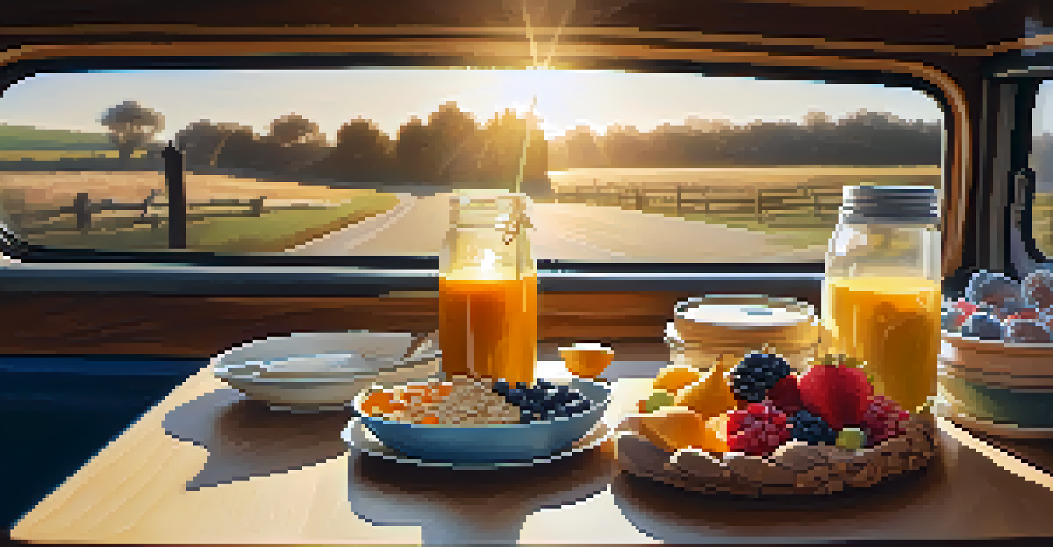 A bowl of overnight oats with fruits inside a van, illuminated by sunlight.