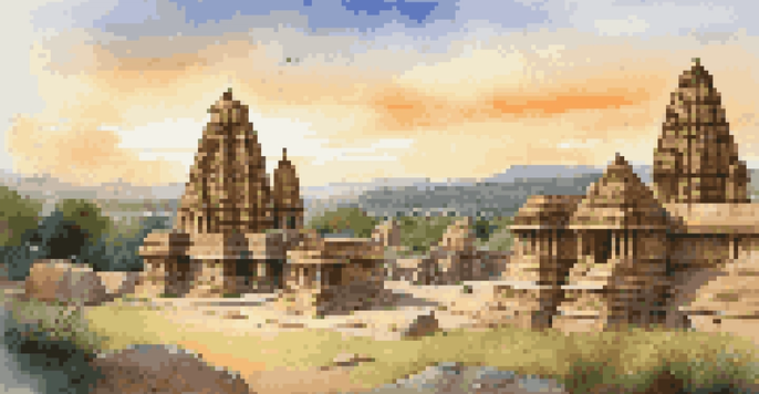 A scenic sunset view of Hampi, highlighting the Virupaksha Temple and surrounding boulders with warm golden light.