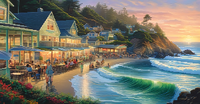 A scenic coastal highway with seafood shacks and people dining outdoors during sunset.