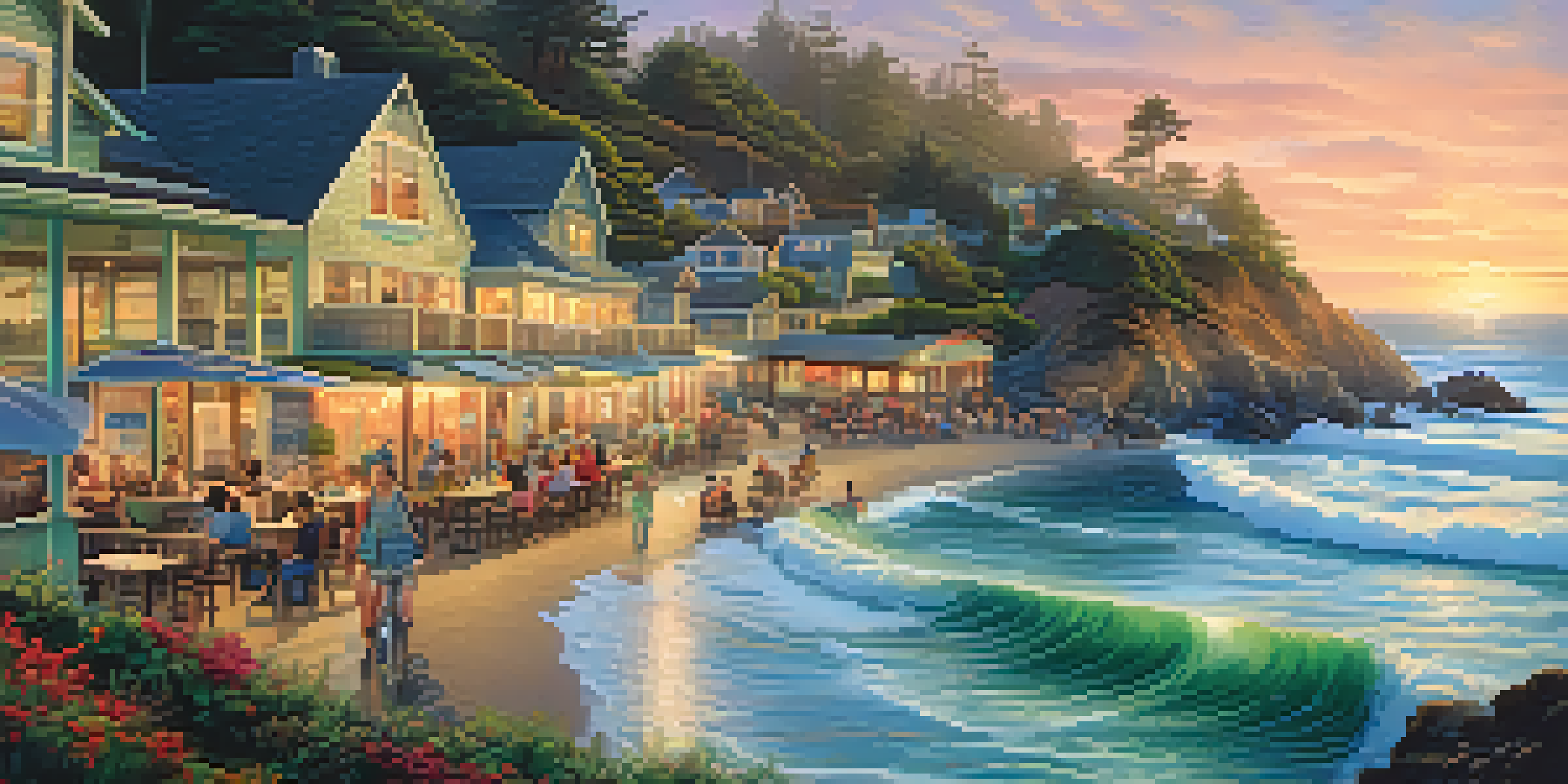 A scenic coastal highway with seafood shacks and people dining outdoors during sunset.