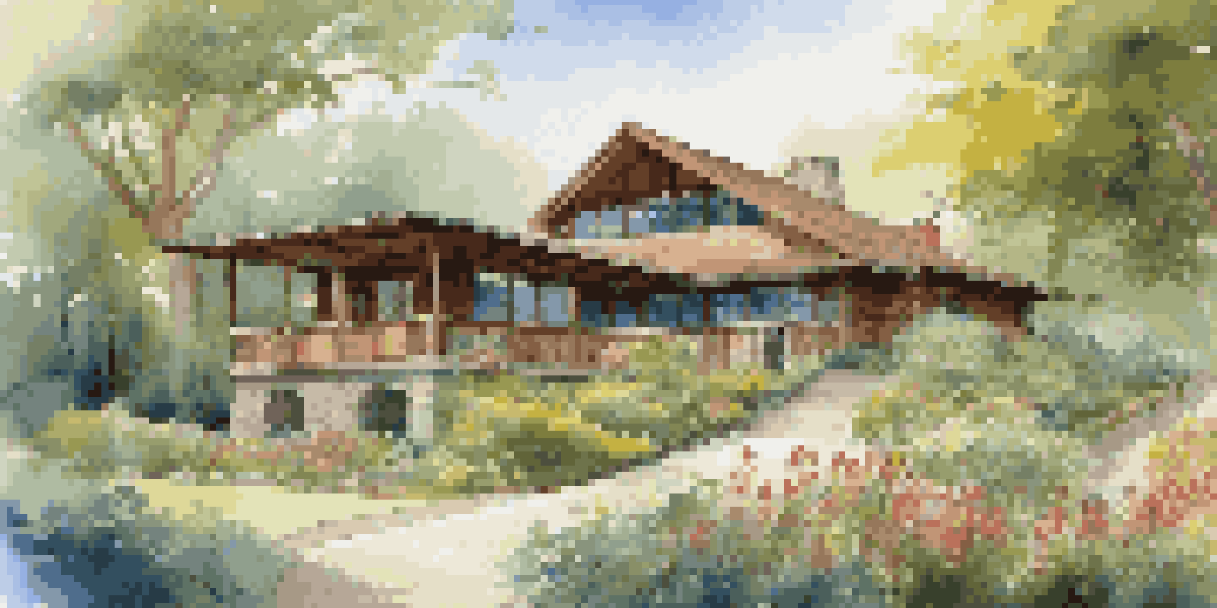 A beautiful eco-lodge nestled in a green landscape, surrounded by flowers and trees, with sunlight filtering through the leaves.