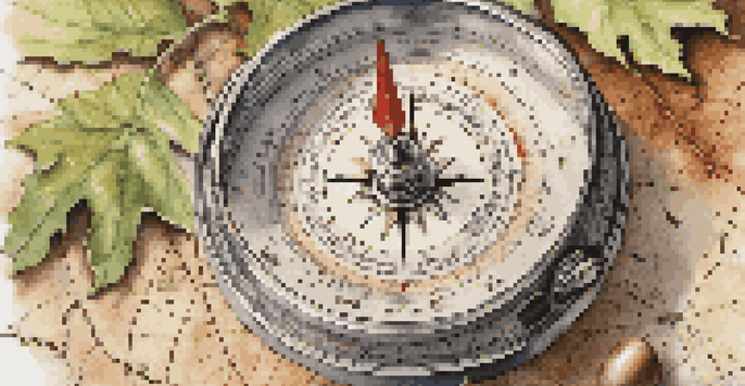 A close-up of a compass on a topographic map, highlighting navigation tools in nature.