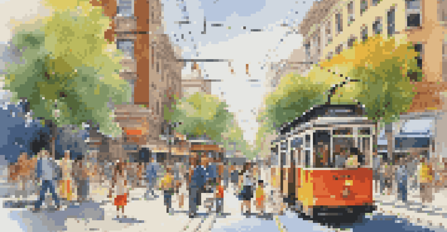 A family excitedly boarding a colorful tram in a busy city street.