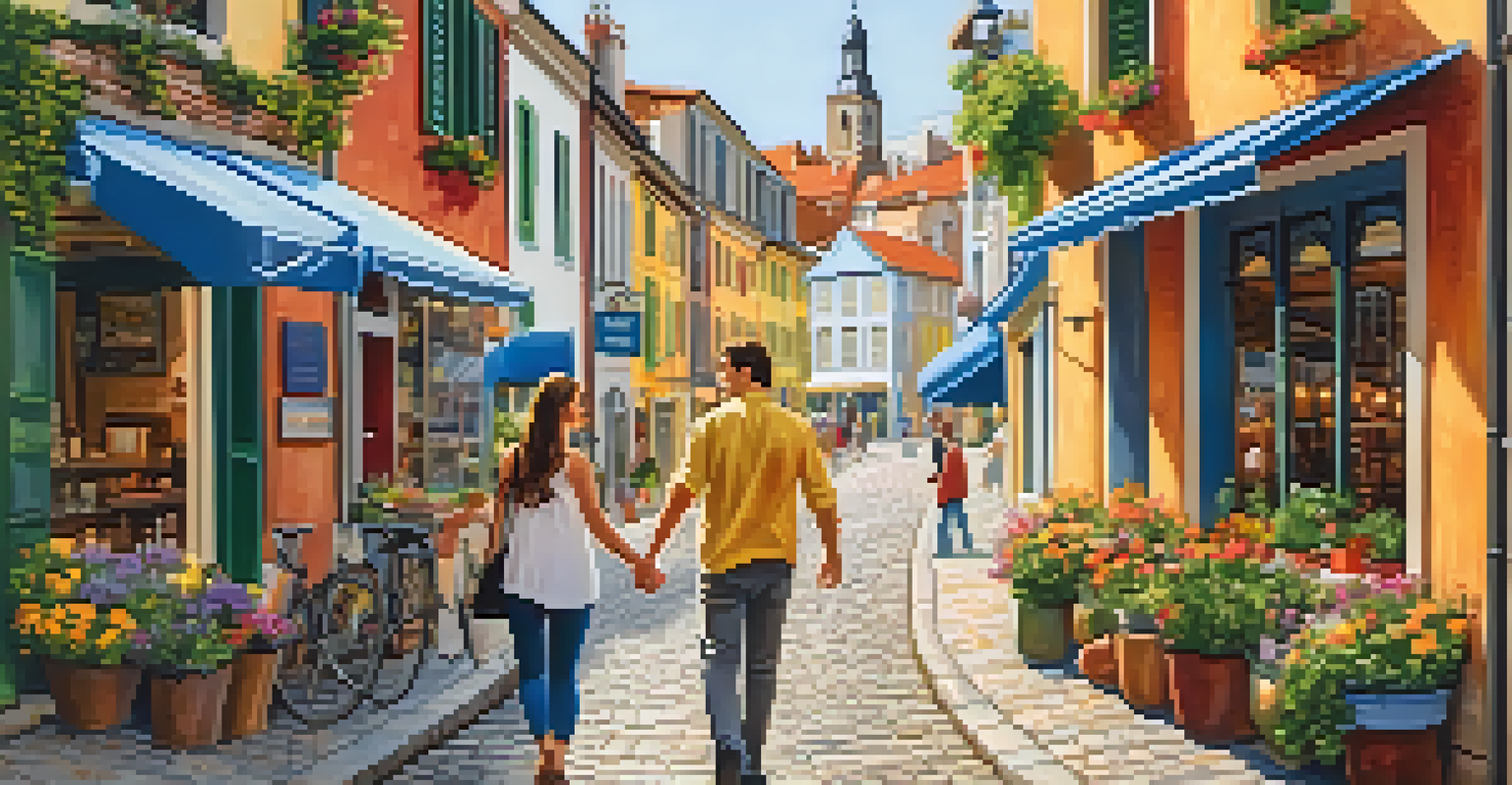 A couple walking hand-in-hand through a charming port town with colorful buildings and cobblestone streets.