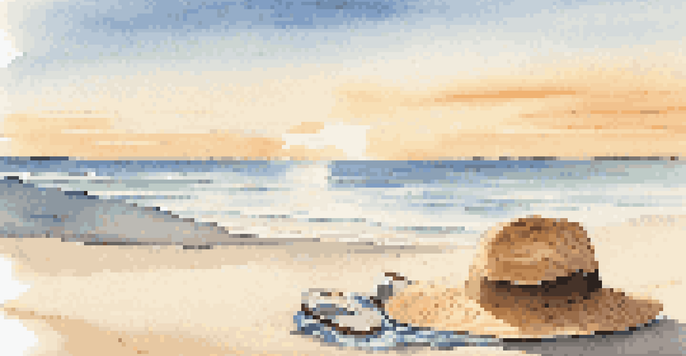 A peaceful beach scene with a towel, hat, sunscreen, and flip-flops on the sand, with gentle ocean waves in the background under a clear sky.