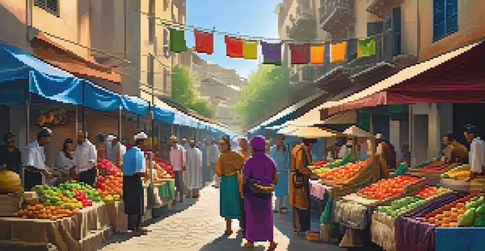 A bustling street market with colorful stalls, locals interacting with tourists, and a vendor handing over fresh fruit under warm sunlight.