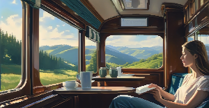 A warm and inviting train interior with a passenger enjoying coffee while reading, with beautiful landscapes visible through the windows.
