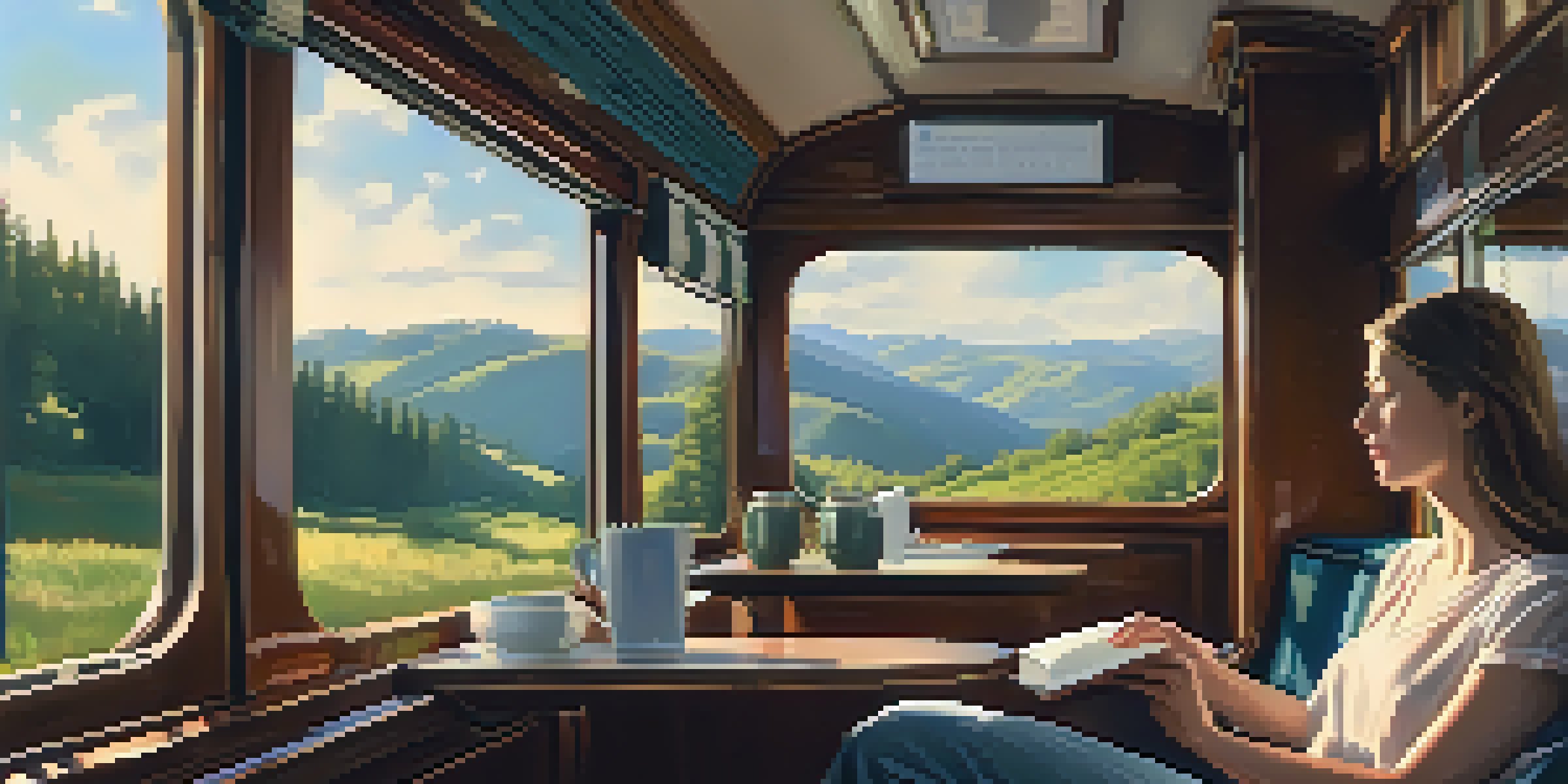 A warm and inviting train interior with a passenger enjoying coffee while reading, with beautiful landscapes visible through the windows.