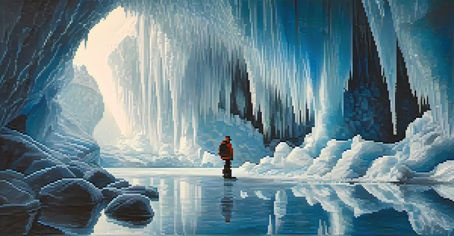 An ice cave with stunning blue and white ice formations illuminated by natural light, featuring a person in winter gear admiring the beauty of the cave.