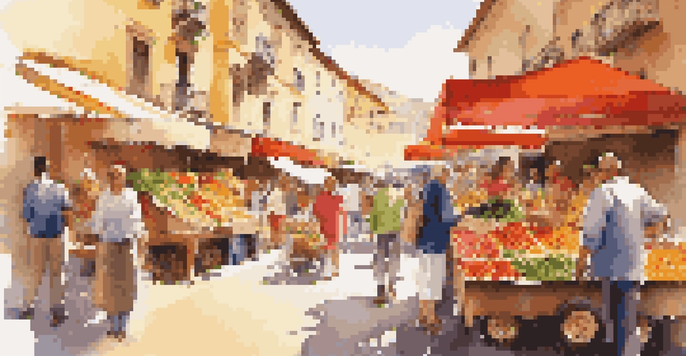 A bustling street market in Spain with colorful stalls and a traveler speaking with a local vendor.