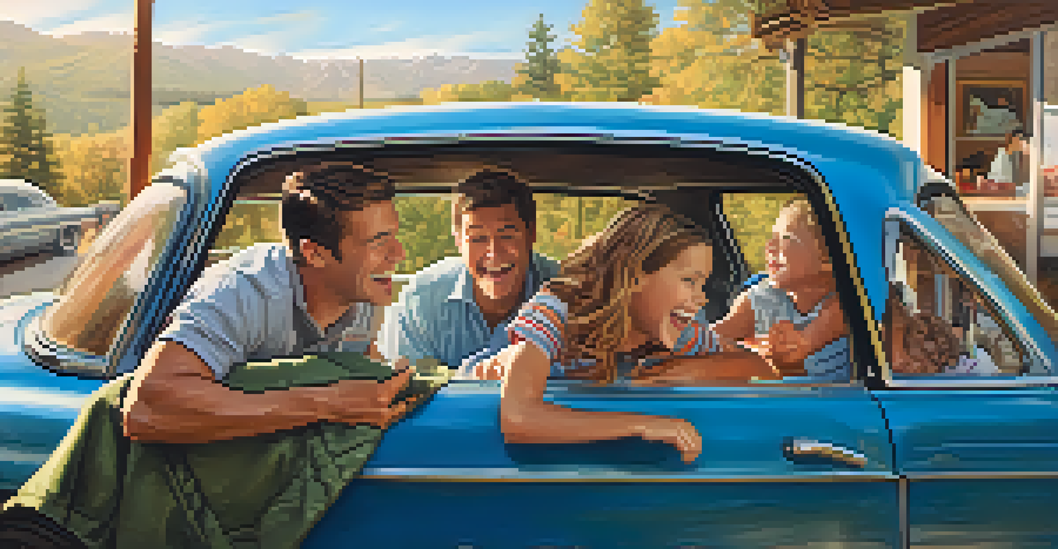 A family playing a road trip game in their car, smiling and engaged with a physical map and license plates.