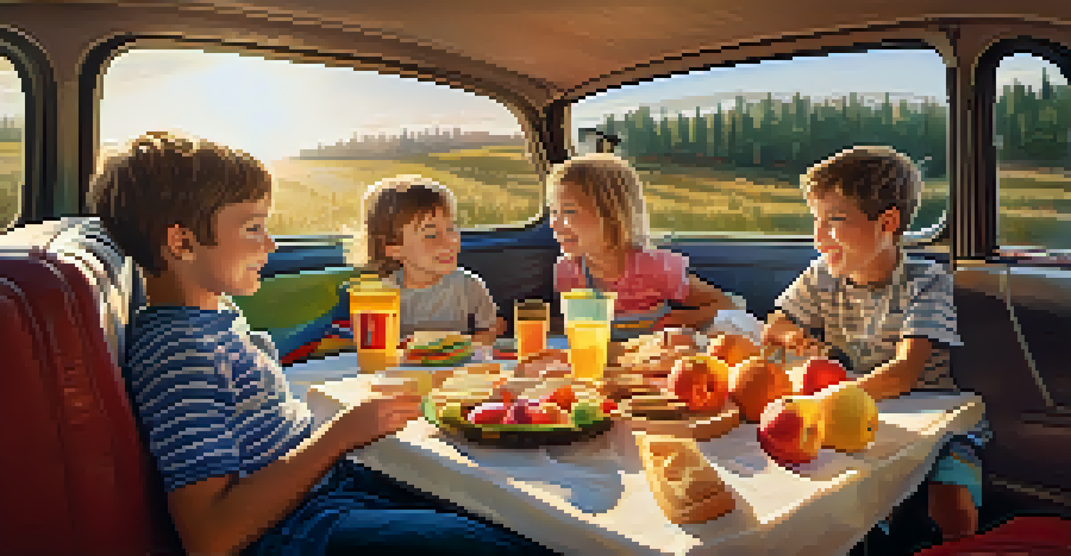 Children enjoying a mini picnic inside a car, sharing colorful snacks and smiling, with sunlight illuminating their faces.