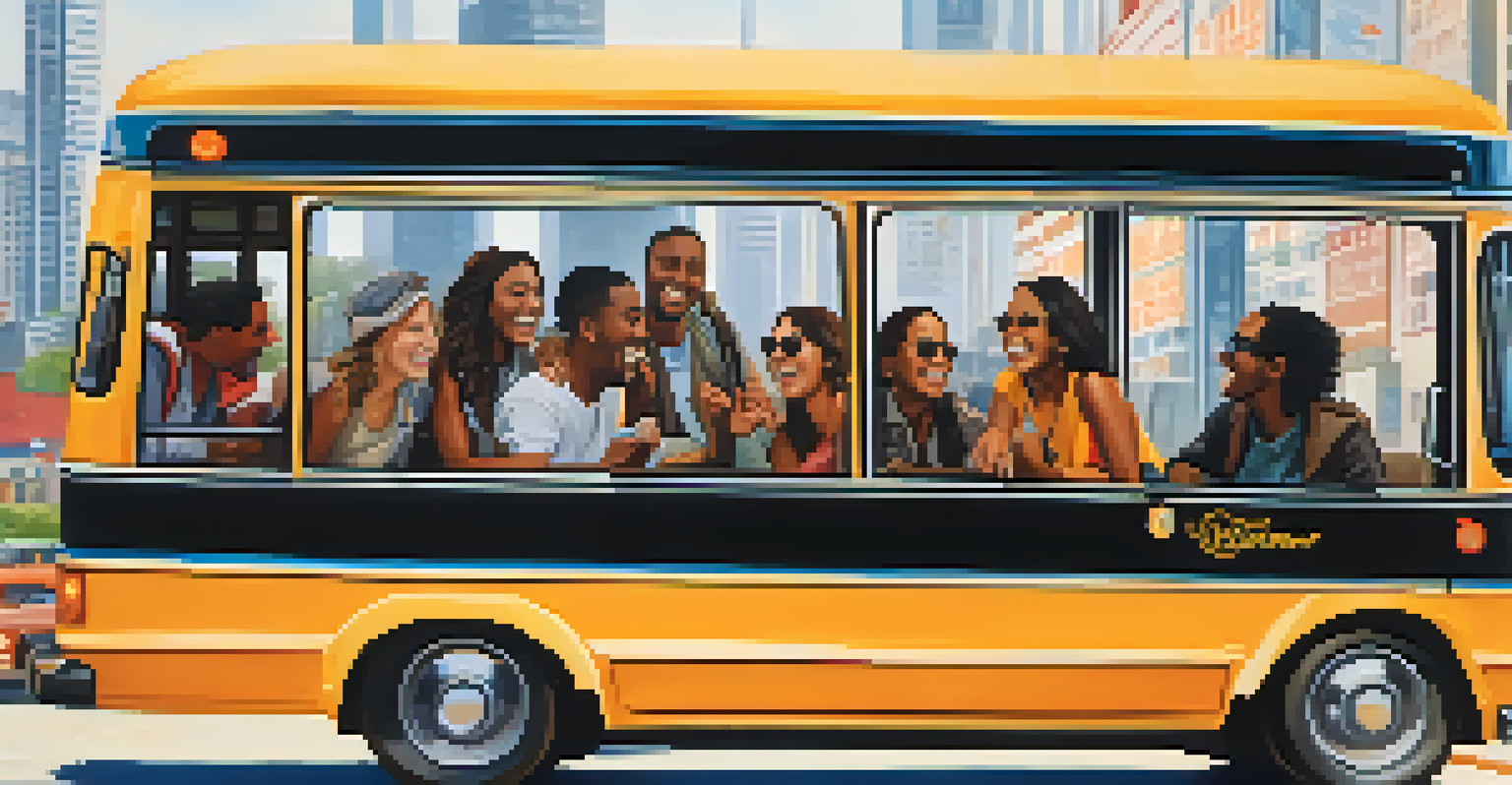 A group of friends on a bus, laughing and enjoying their time, with a city skyline visible through the windows in warm sunlight.