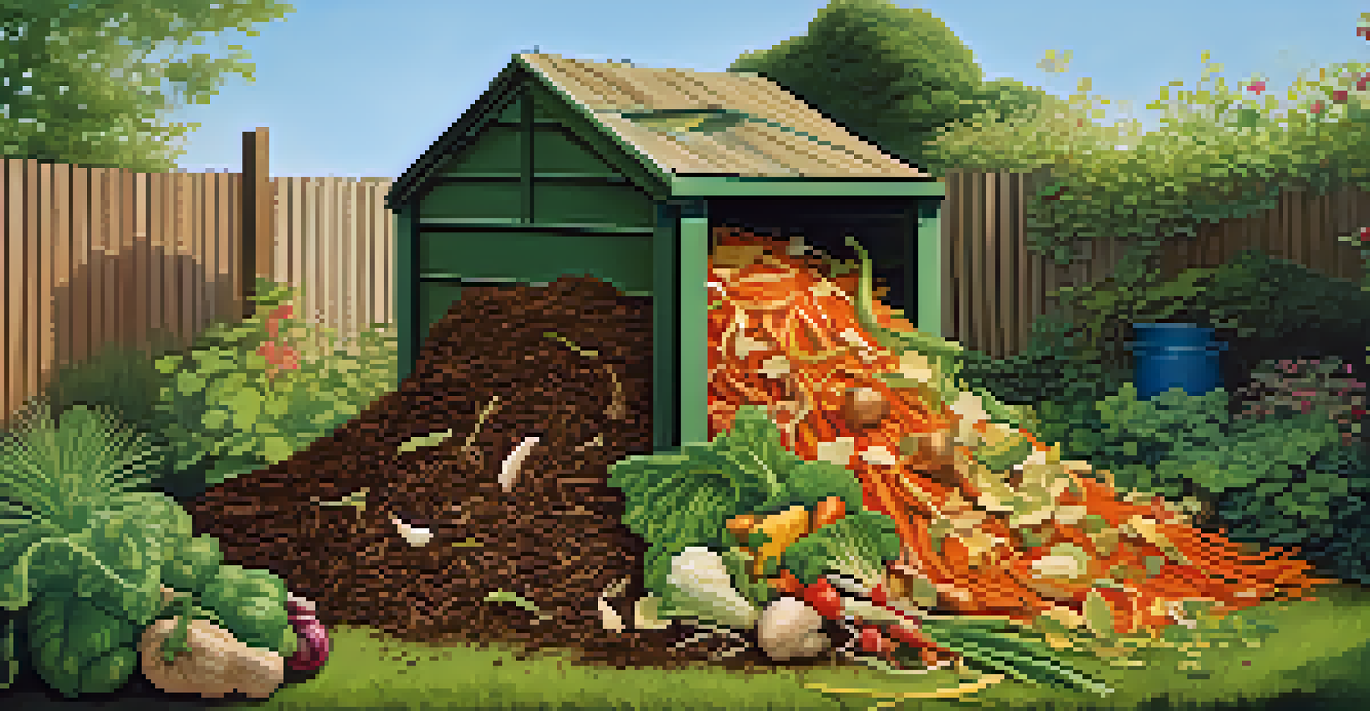 A compost bin filled with vegetable scraps in a lush garden setting, with vibrant plants and a blue sky in the background, representing sustainability.