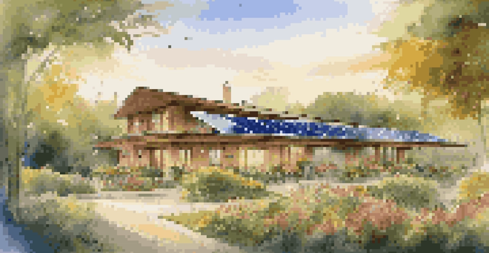 An eco-friendly hotel with solar panels and a wind turbine, surrounded by lush greenery, illuminated by golden hour sunlight.