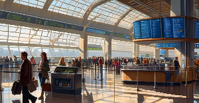 A busy airport terminal with travelers checking flight status and bright natural light streaming through large windows.