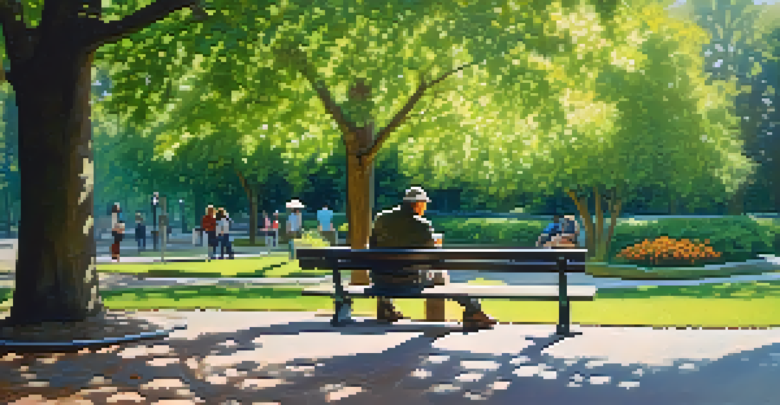 A tranquil park scene with a traveler sitting on a bench, sipping coffee, surrounded by blooming flowers and lush greenery.