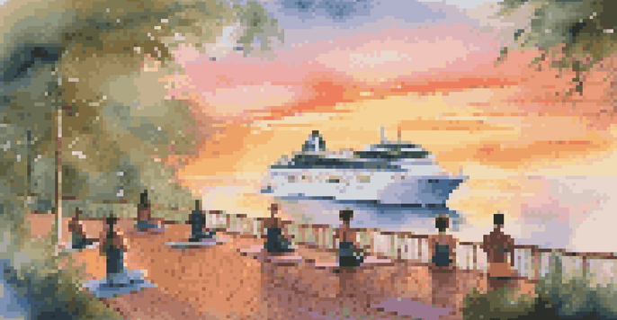 A wellness cruise ship at sunset with people practicing yoga on the deck, surrounded by calm waters and a colorful sky.