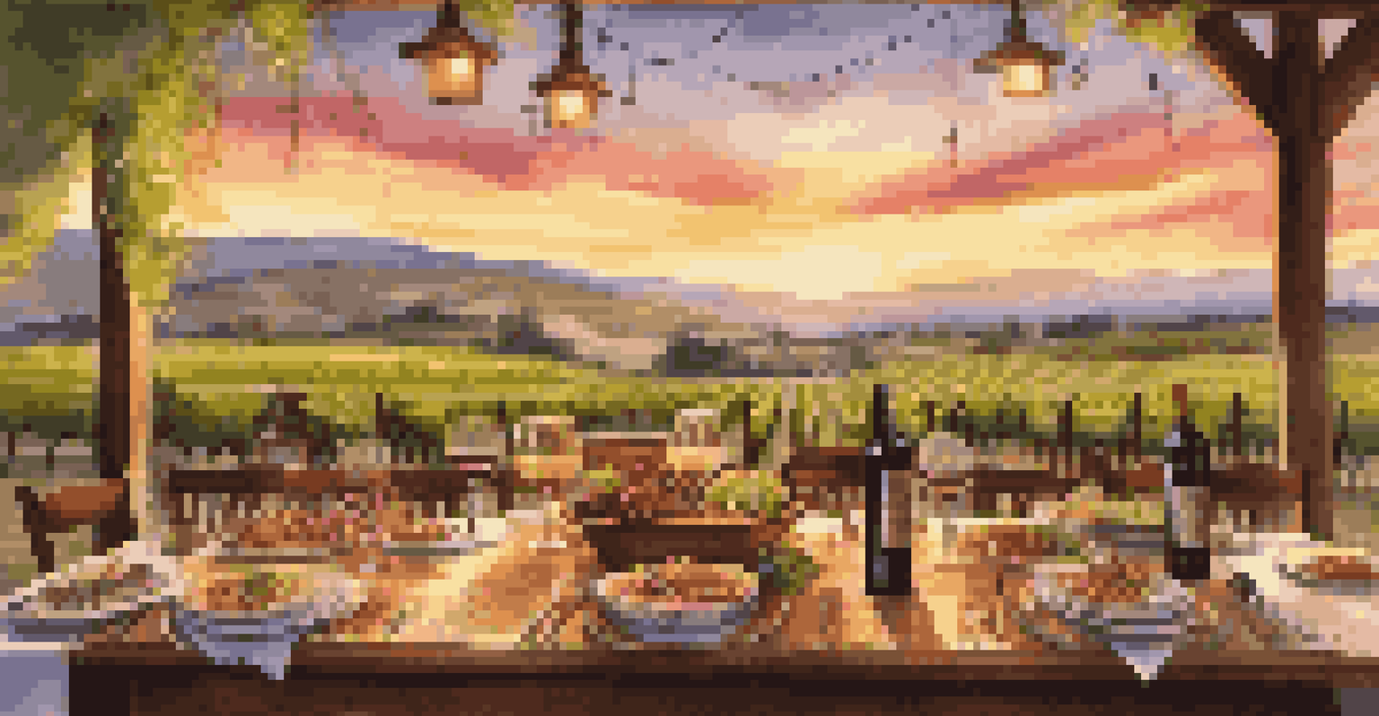 A romantic dinner at a vineyard with a table set for two, surrounded by grapevines and a beautiful sunset.