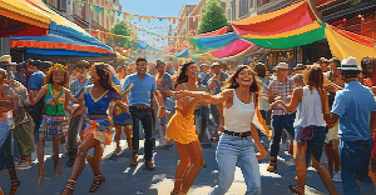 A street festival scene with people dancing and celebrating, showcasing a vibrant atmosphere and cultural exchange.