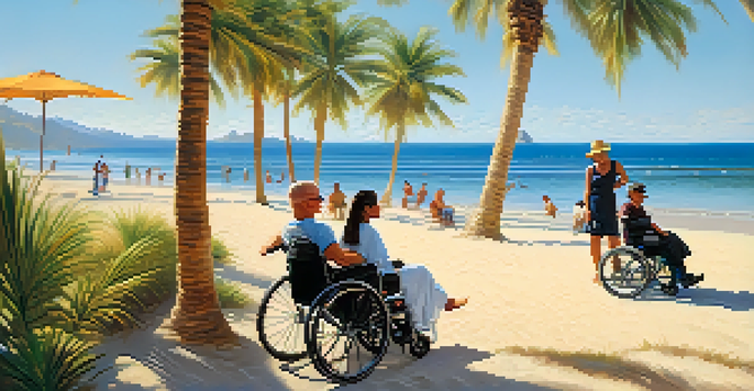A diverse group of travelers with disabilities at a beach, including a person in a wheelchair being assisted on the sand.