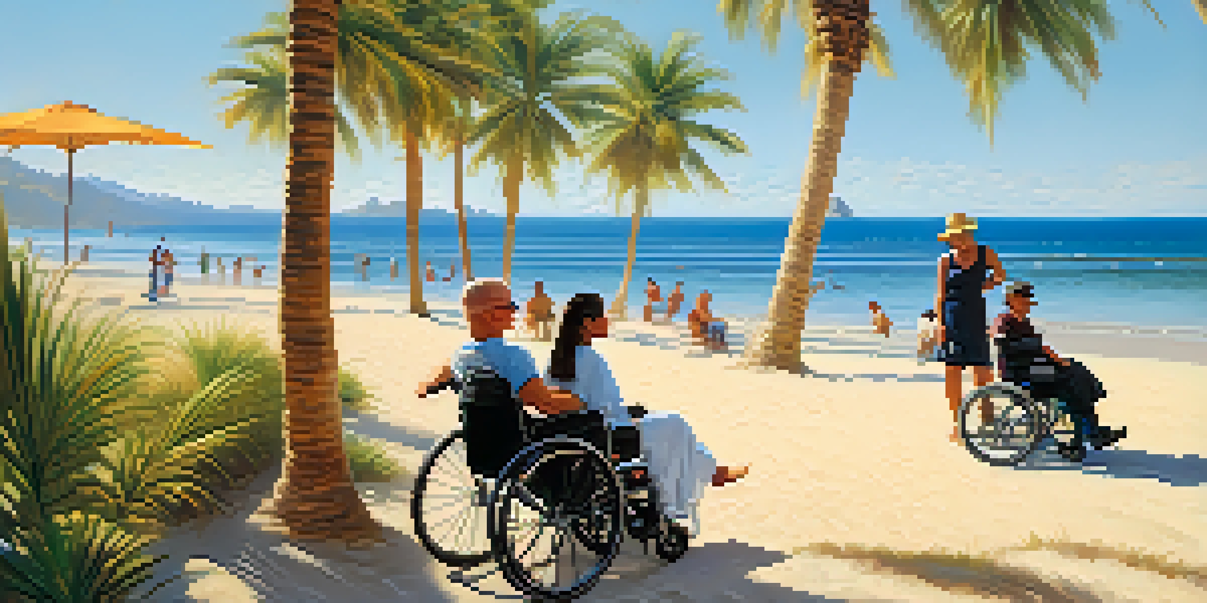 A diverse group of travelers with disabilities at a beach, including a person in a wheelchair being assisted on the sand.