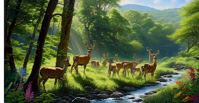 A group of travelers planting trees in a green forest during a wildlife conservation trip, with sunlight shining through the leaves.