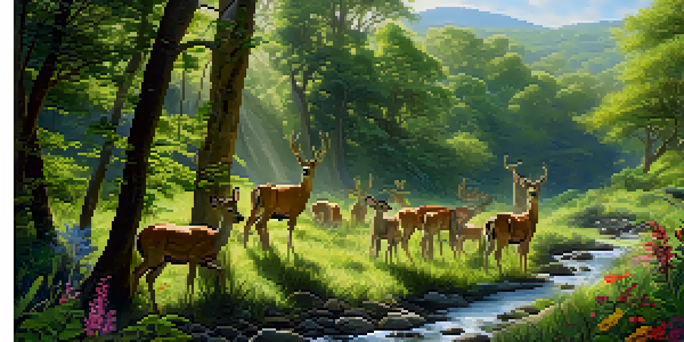 A group of travelers planting trees in a green forest during a wildlife conservation trip, with sunlight shining through the leaves.