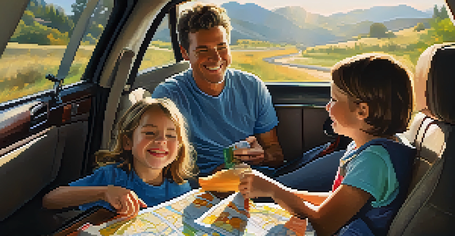 A family in a car with a child playing and a parent checking a map, surrounded by packed bags and snacks.