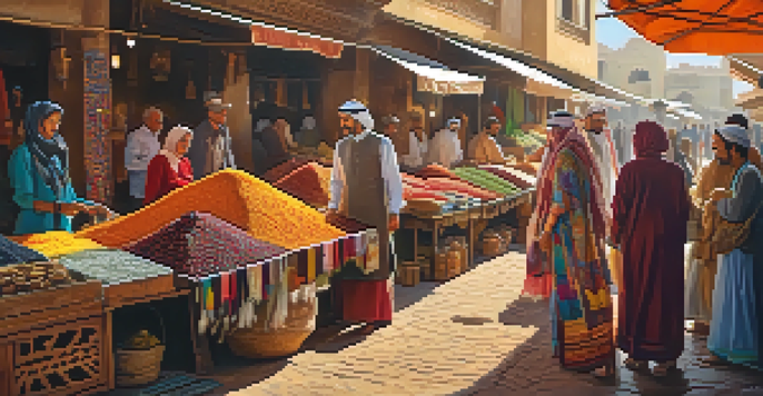 A lively market in a Middle Eastern city displaying colorful textiles and local artisans, with people in traditional attire under warm sunlight.