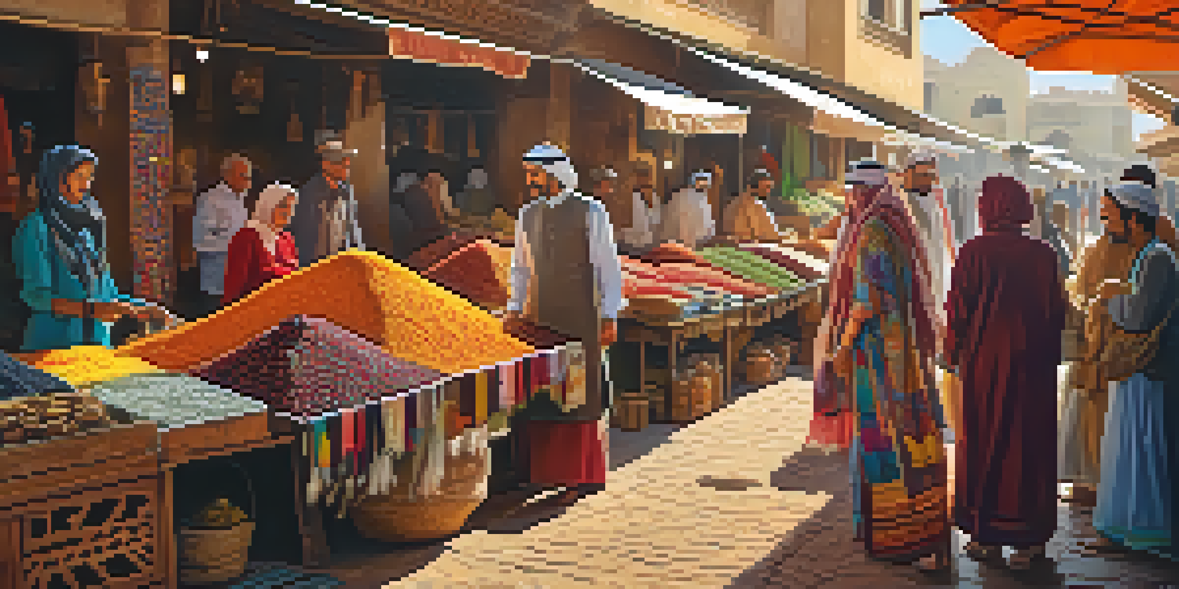 A lively market in a Middle Eastern city displaying colorful textiles and local artisans, with people in traditional attire under warm sunlight.