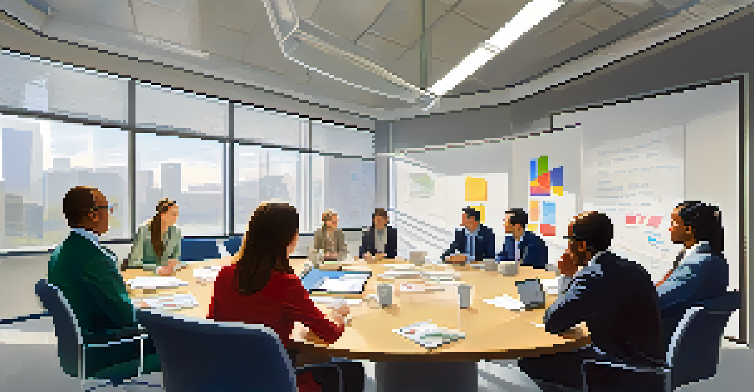 Colleagues in a meeting room actively listening to a speaker, with a bright atmosphere and a whiteboard in the background.