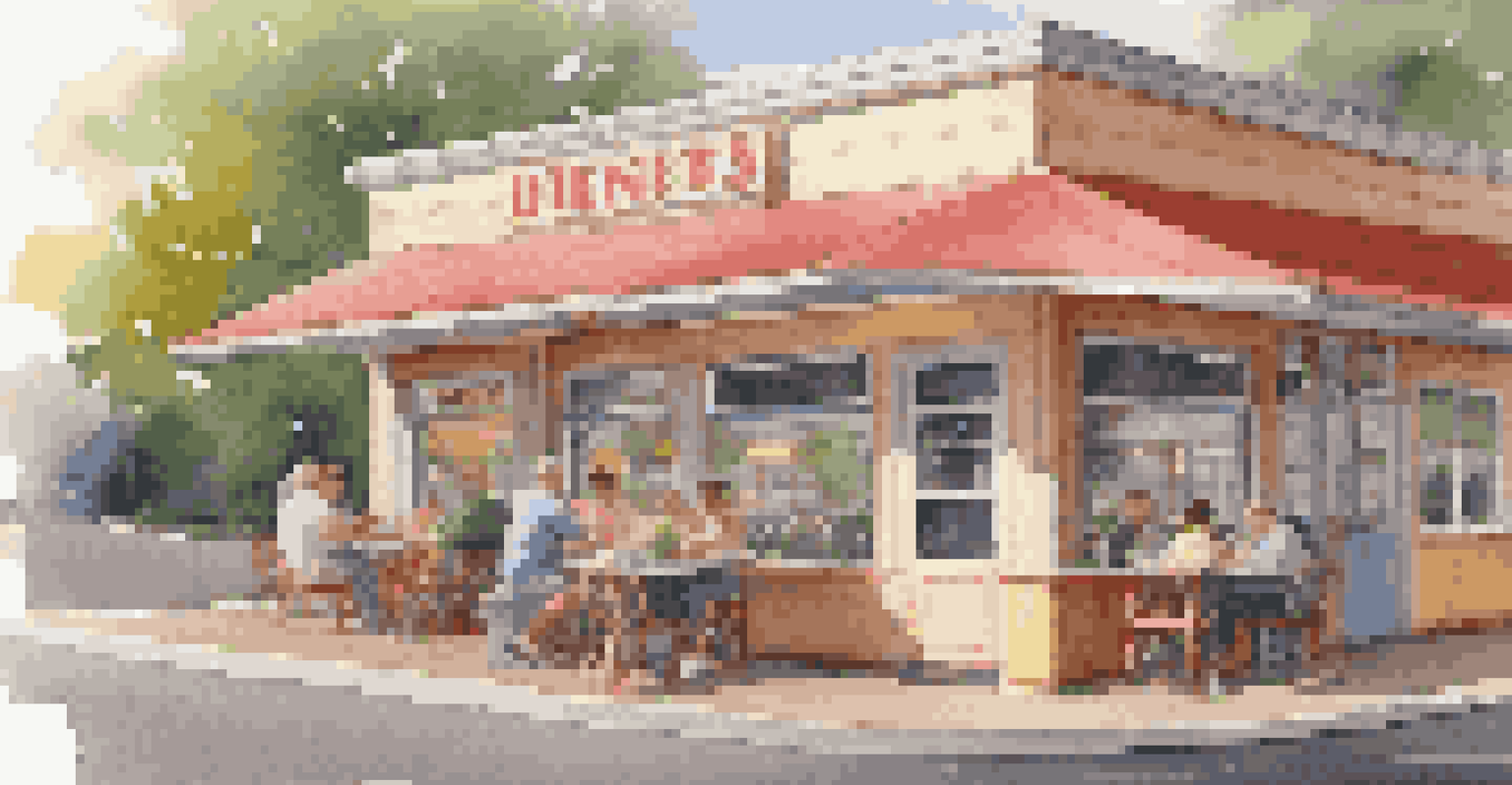 A local diner at a rest stop with patrons enjoying meals in a cozy, vintage setting.