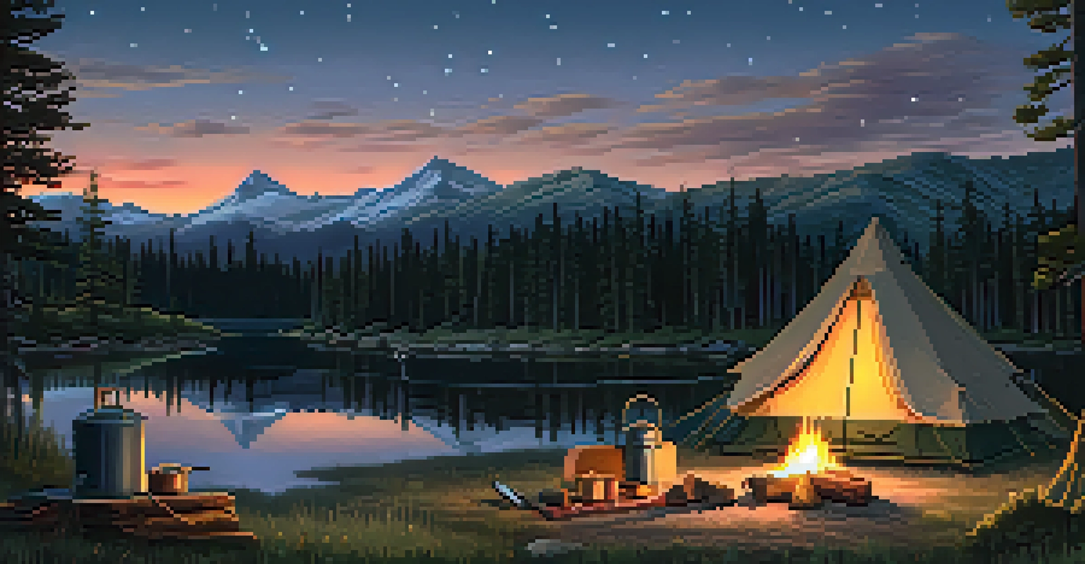 A camping site with a tent and campfire at twilight, with stars in the sky.