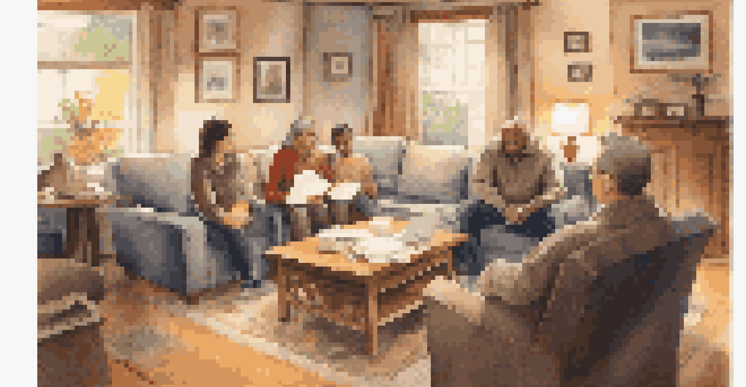 A family gathered in a living room discussing their emergency contact list, with a large paper on the table.
