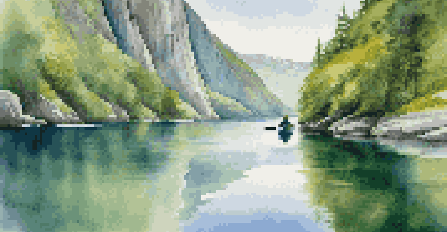 A kayaker paddles through calm waters in the fjords of Norway, surrounded by cliffs and greenery.