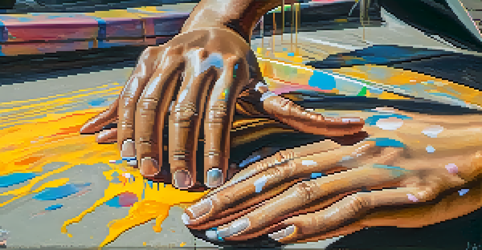 Close-up of an artist's hands painting with spray paint on the street, surrounded by colorful mural details.