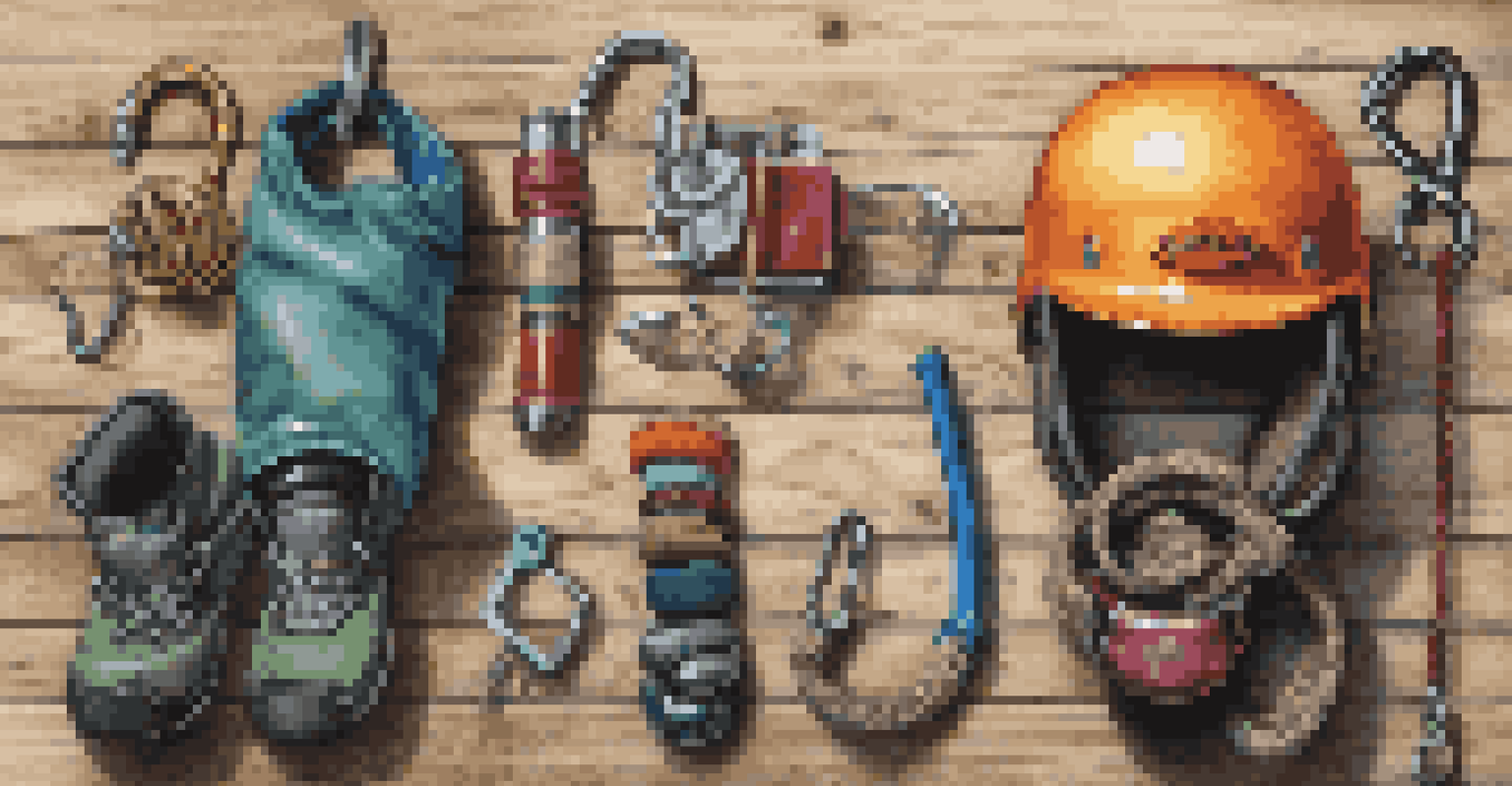 An assortment of climbing gear including a chalk bag, carabiners, a rope, and a helmet on a wooden surface.
