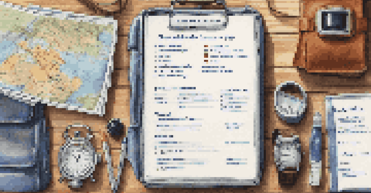 A travel insurance checklist on a wooden table with travel items like a passport and a map, emphasizing important coverage aspects.
