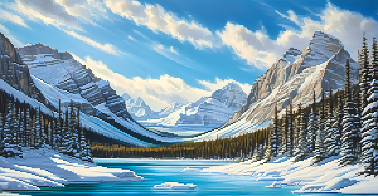 A stunning winter landscape of the Icefields Parkway in Canada, featuring glaciers, turquoise lakes, and snow-covered mountains under a clear blue sky.