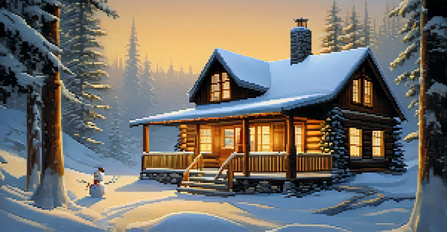 A wooden cabin in a snowy forest with a snowman in the foreground.