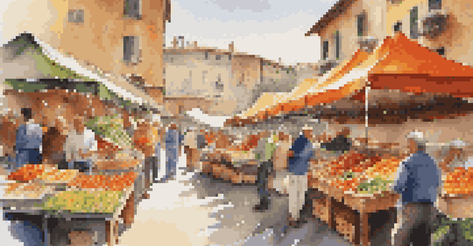 A lively Italian market filled with colorful stalls and fresh produce under warm sunlight.