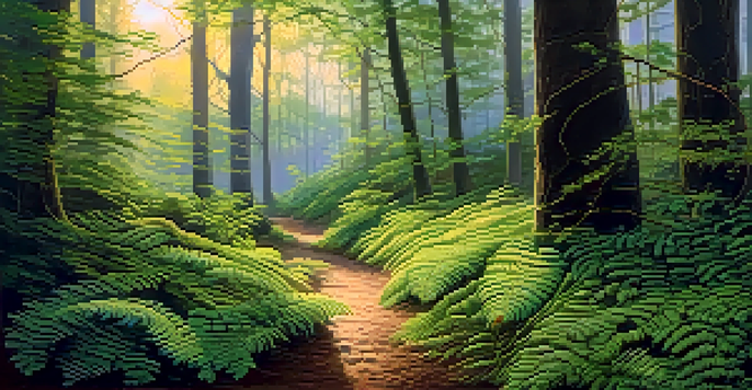 A peaceful forest path illuminated by soft golden sunlight filtering through the trees at dawn.
